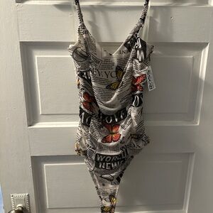 Derek Heart White Newspaper Print Butterfly Scoop Neck Bodysuit